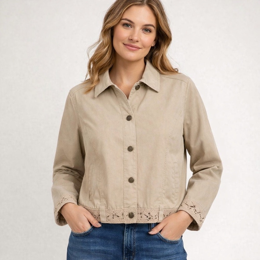 Ruby Rd Womens Tan Khaki Sequin Crochet Lace Trim Cotton Stretch Jacket Size 10
